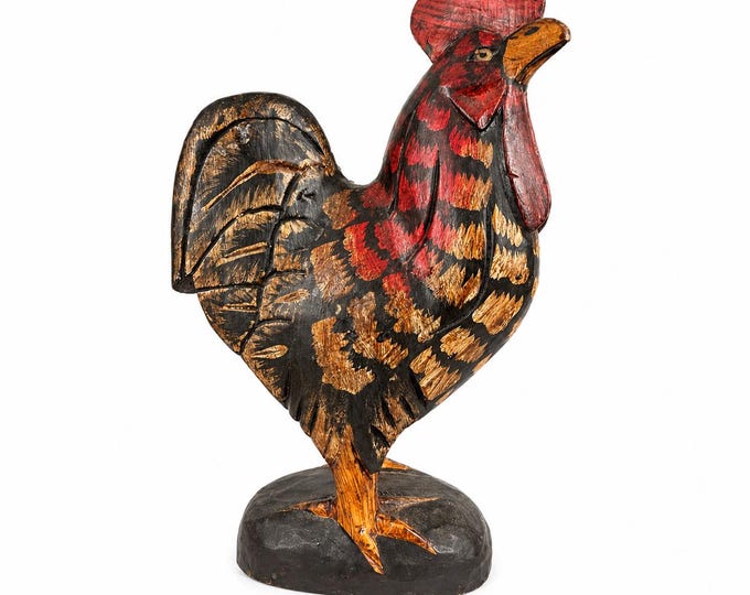 Vintage Hand-Carved Wooden Rooster Figurine: Hand-Painted Folk Art Farmhouse Decor