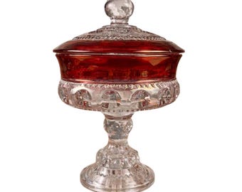 60s Tiffin-Franciscan Vintage Ruby Red Thumbprint Kings Crown Glass Covered Candy Dish Compote