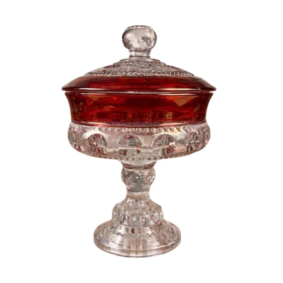 60s Tiffin-Franciscan Vintage Ruby Red Thumbprint Kings Crown Glass Covered Candy Dish Compote