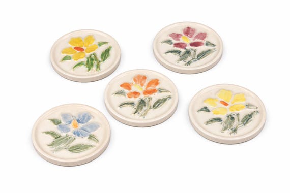 Vintage Ceramic Coaster Set – Set of 5 Hand-Painted Floral, Retro Decor