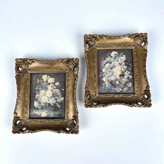 Vintage Floral Wall Art Set: Baroque Gilt Frames, Cottage Decor Prints