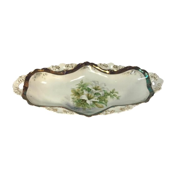 Vintage Oblong Handled Dish Bowl with Easter Lilies and Greenery - Accents of Gold - #11