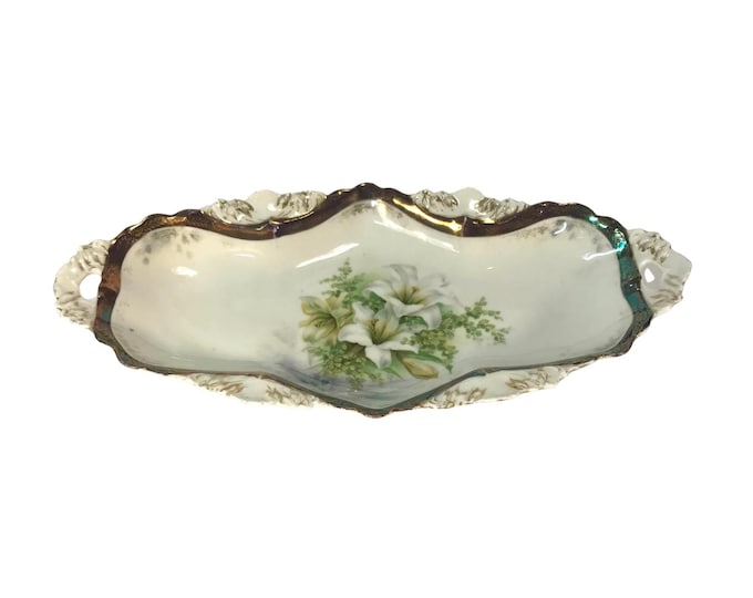 Vintage Oblong Handled Dish Bowl with Easter Lilies and Greenery - Accents of Gold - #11