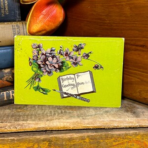 Antique 1910 Birthday Greetings Embossed Postcard Vintage Ephemera Purple Green Floral