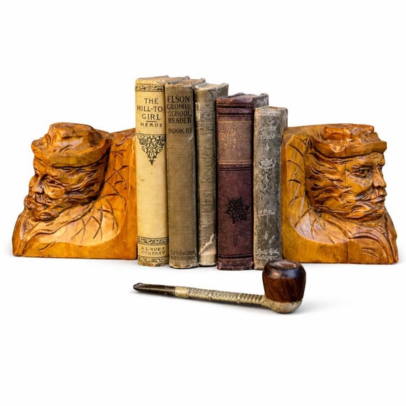 Vintage Wooden Hand-Carved Bookends by Andre Boucher - Canadian Folk Artist