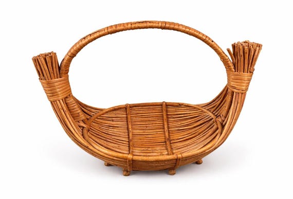 Vintage 70s Gondola Basket: Reed and Bamboo Decor