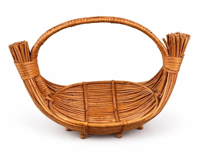 Vintage 70s Gondola Basket: Reed and Bamboo Decor