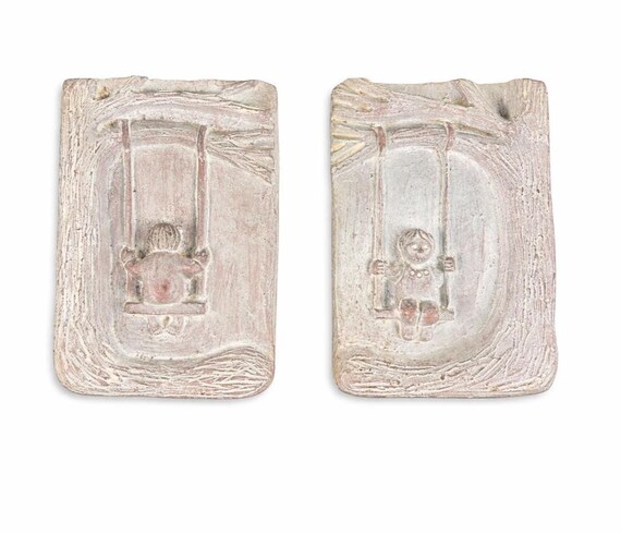 Vintage Isabel Bloom Concrete Plaques – Child on Swing, Signed 1986