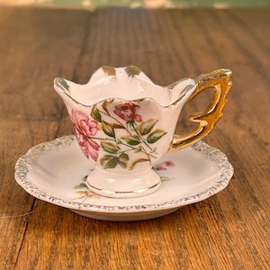 Vintage Japanese Porcelain MCM Small Teacup and Saucer Set = Floral with Gold