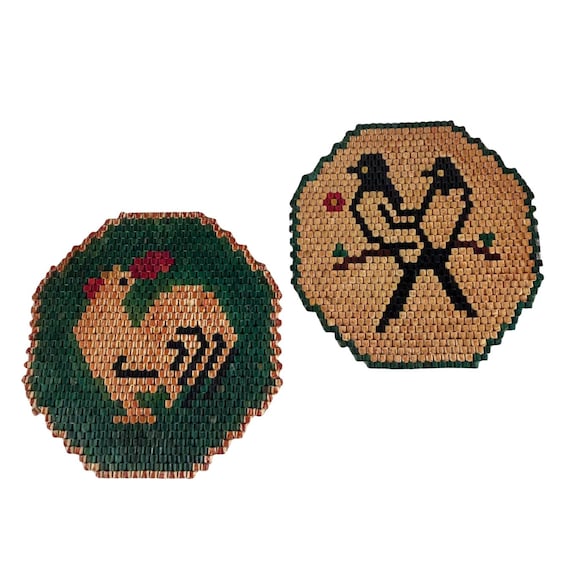 Vintage Wood Bead Trivets, MCM Rooster and Birds, Handmade Hot Pads, Set of 2