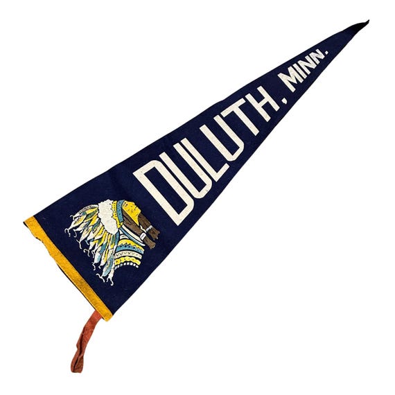 Vintage 'DULUTH, MINN.' Pennant - Large Dark Blue Wool Felt - Souvenir Pennant - Indian Chief