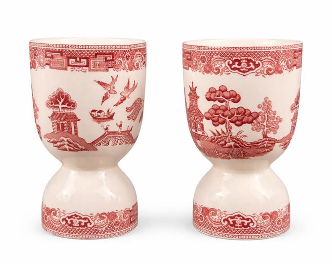Vintage Red Transferware Double Egg Cups – Willow Style Oriental Landscape, Set of 2