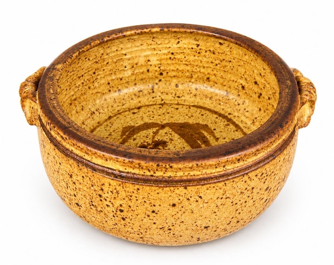 Vintage Studio Art Pottery Bowl 1963 Signed Rustic Brown Speckled Glaze Handled Ceramic
