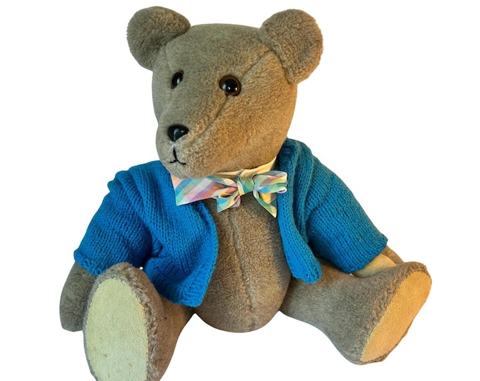 Vintage Handmade Teddy Bear: Blue Knit Sweater, Bowtie, Grace Mootz