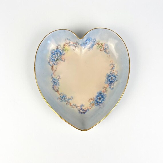 Vintage Weimar Germany Heart Trinket Dish: Blue Floral Porcelain Jewelry Holder