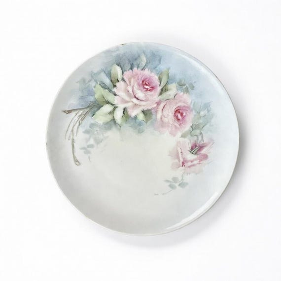 Hand-Painted M&Z Austria Floral Plate: Pink Roses, Gold Trim Porcelain (8.5")