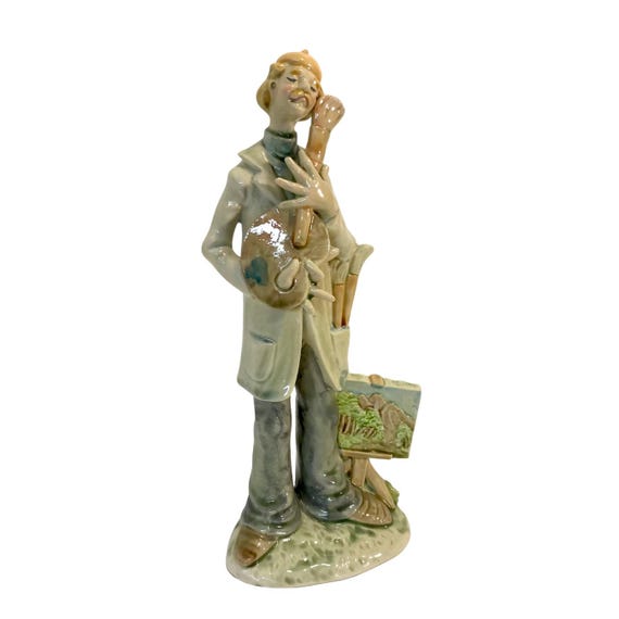 Vintage Pastel Artist Figurine: Palette, Brush, Landscape Painting