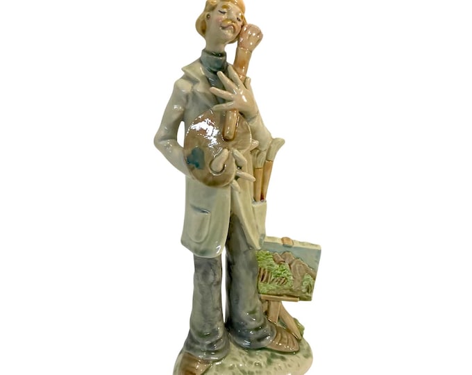 Vintage Pastel Artist Figurine: Palette, Brush, Landscape Painting