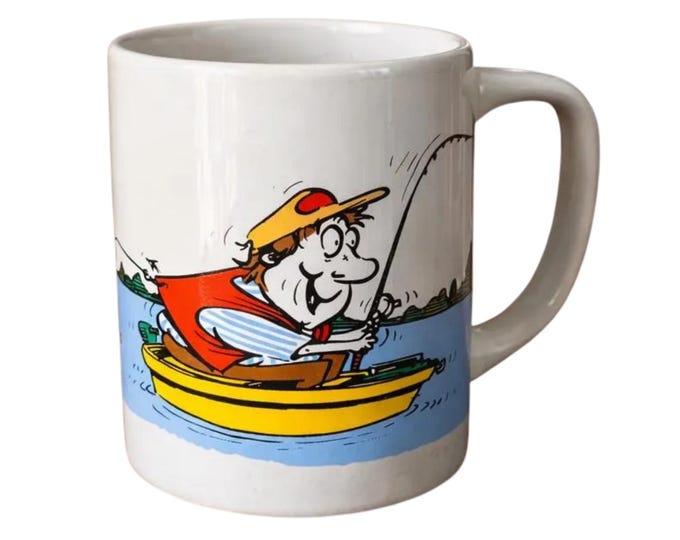 Vintage Fishing Comedy Shoebox Greetings Coffee Mug Cup Fisherman Hallmark Fisherman Ahern Comic