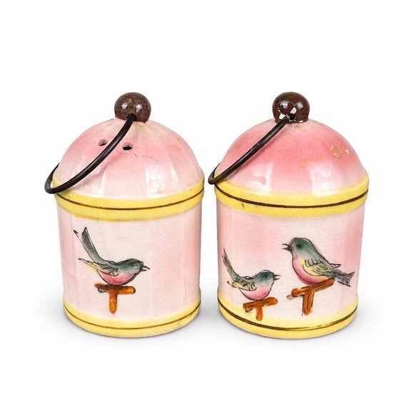 Vintage Napco Birdcage Salt Pepper Shakers: Pink Yellow Birds, Hanging Handle, Japan 1950s