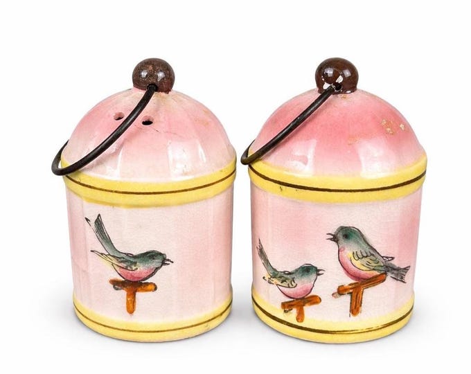 Vintage Napco Birdcage Salt Pepper Shakers: Pink Yellow Birds, Hanging Handle, Japan 1950s
