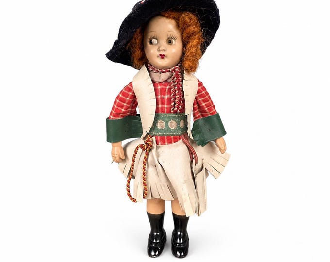 Vintage 1950s Western Cowgirl Doll Hard Plastic Plaid Fringe Outfit Wide Brim Hat Annie Oakley Style