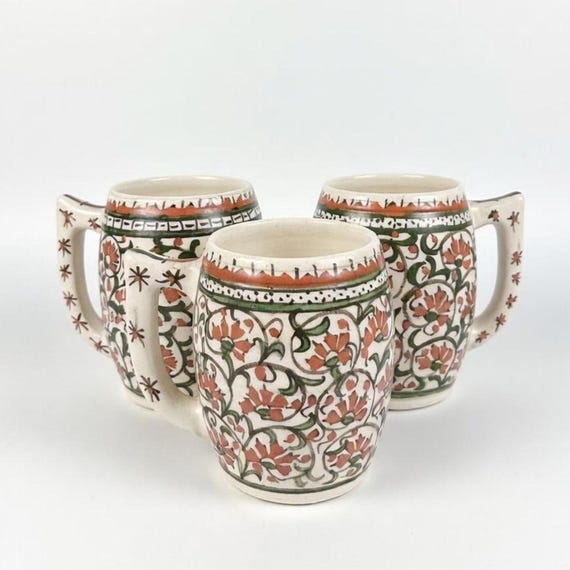 Vintage Hand Painted Pottery Mugs, Set of 3, Turkish Kutahya Style