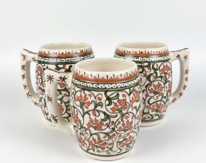 Vintage Hand Painted Pottery Mugs, Set of 3, Turkish Kutahya Style
