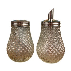 Vintage Indiana Glass Diamond Point Condiment Set | Chrome Lids, 1950s Kitchen