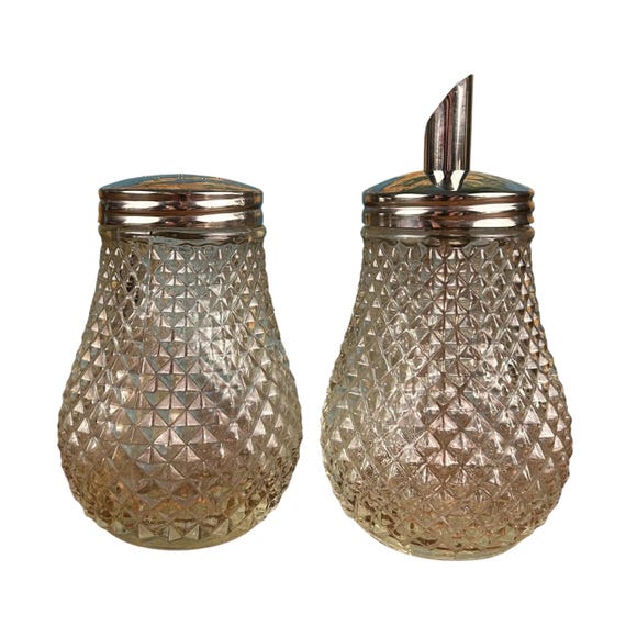 Vintage Indiana Glass Diamond Point Condiment Set | Chrome Lids, 1950s Kitchen