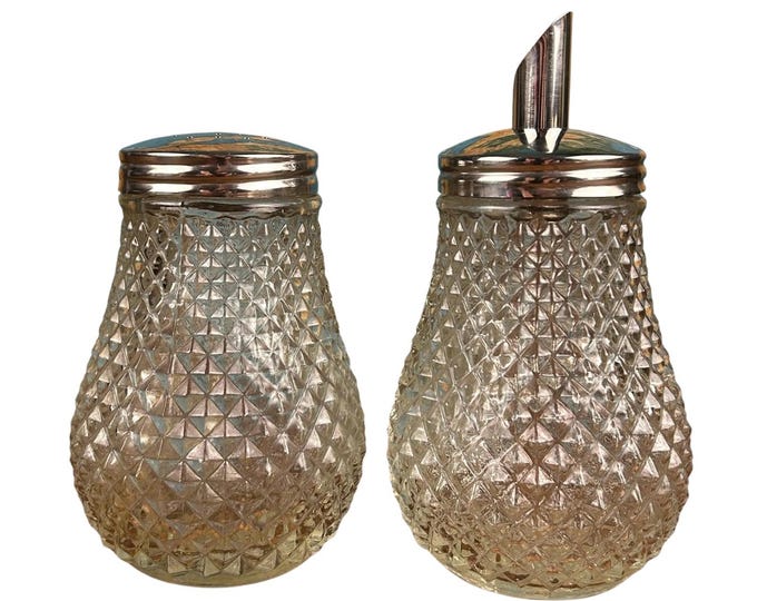 Vintage Indiana Glass Diamond Point Condiment Set | Chrome Lids, 1950s Kitchen