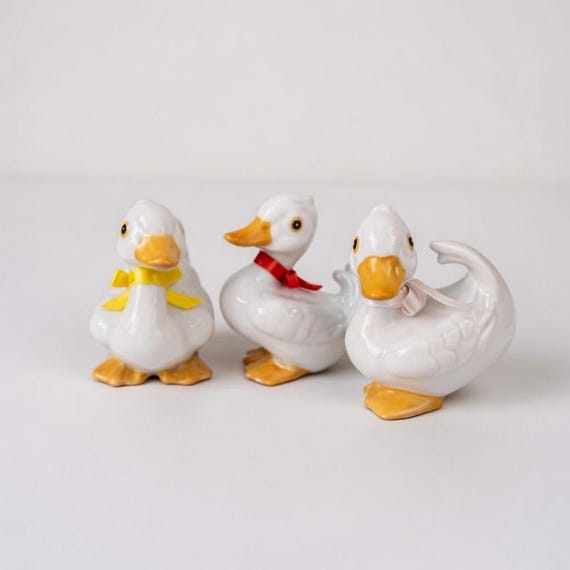 1980s Vintage Homco White Duck Figurines Ceramic Set of Three #1414