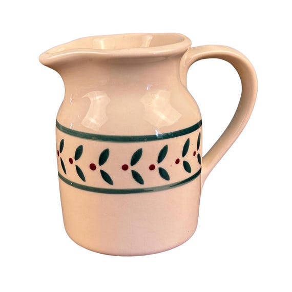 Vintage Hartstone Pottery Creamer Pitcher | Holly Berry Mistletoe Pattern | USA Stoneware
