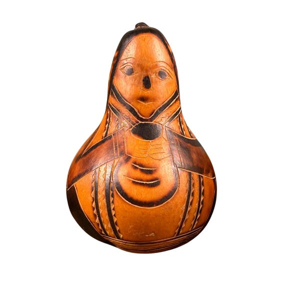 Hand Carved Peruvian Gourd Rattle - Mother & Child Folk Art