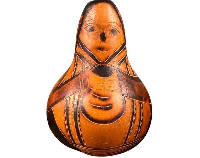 Hand Carved Peruvian Gourd Rattle - Mother & Child Folk Art