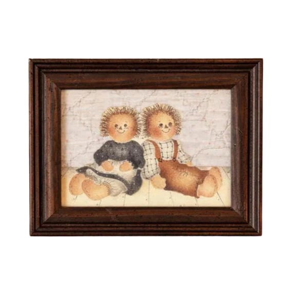 Vintage Raggedy Ann & Andy Framed Folk Art Quilt Collage