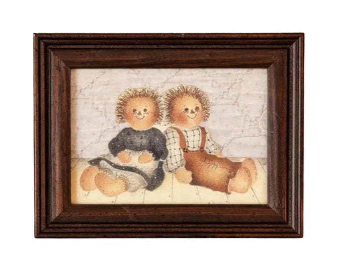 Vintage Raggedy Ann & Andy Framed Folk Art Quilt Collage