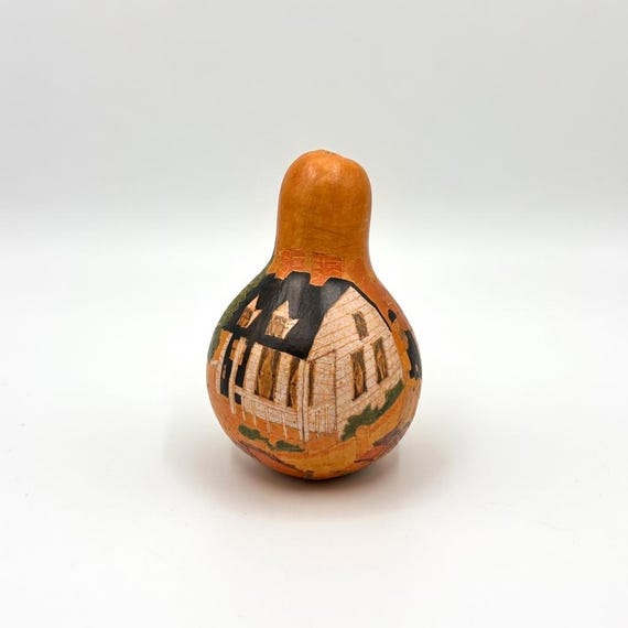 Hand Carved Gourd Rattle: Peruvian Folk Art Farmhouse Scene