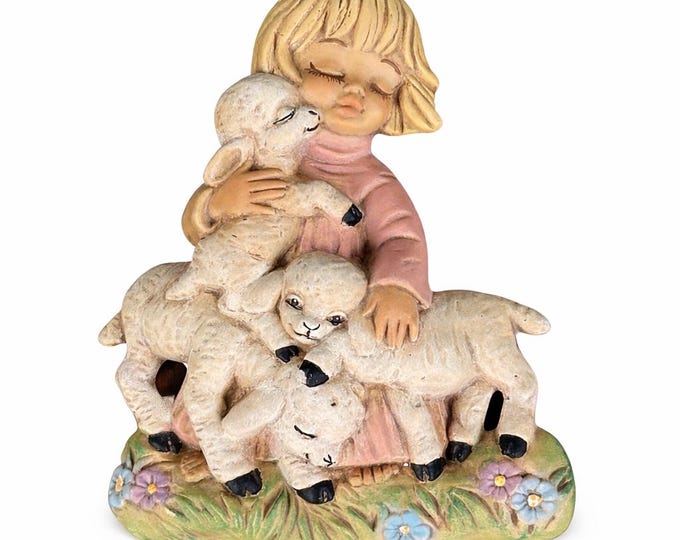 Vintage Hand-Painted Child Shepherd with Sheep Ceramic Wall Art Plaque – Alberta’s Molds 1982