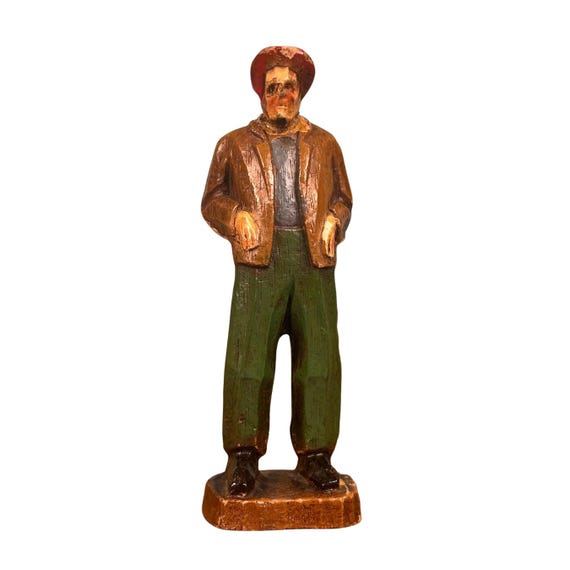 One-of-a-Kind Wooden Old Man Figurine with Red Hat | Unsigned Artisan Craft