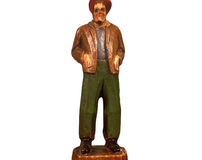 One-of-a-Kind Wooden Old Man Figurine with Red Hat | Unsigned Artisan Craft