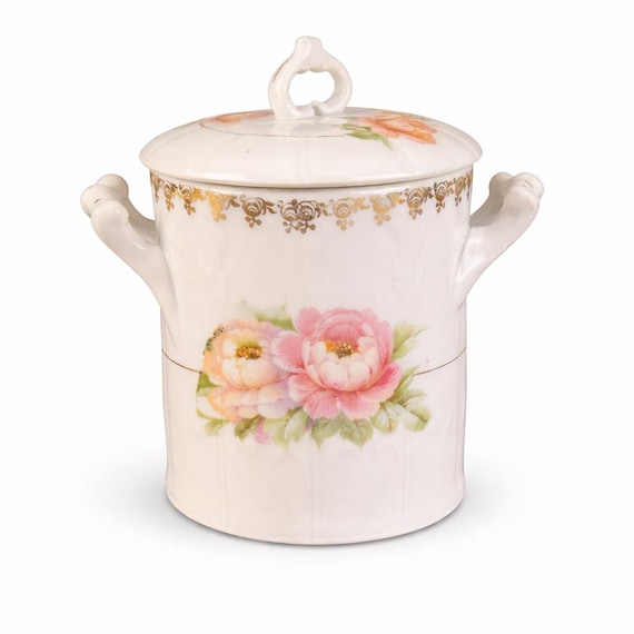 Antique Floral Porcelain Condensed Milk Holder, Gold Gilt Nippon Bavaria Tableware