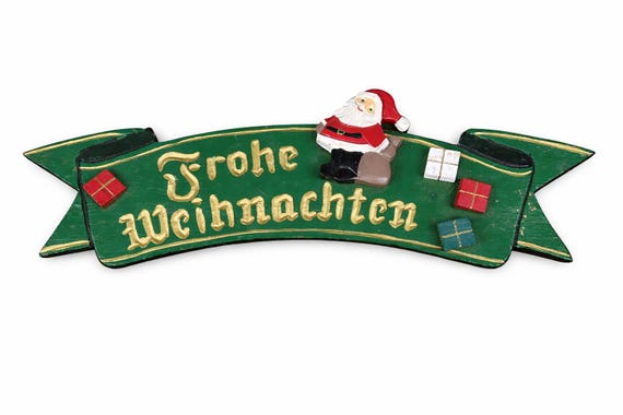 Vintage German “Frohe Weihnachten” Christmas Sign – Hand-Painted Wooden Banner with Santa – Bavarian Holiday Decor
