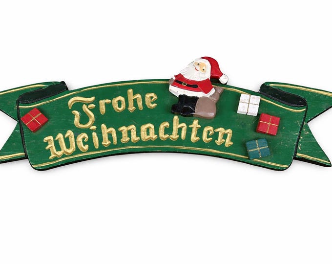 Vintage German “Frohe Weihnachten” Christmas Sign – Hand-Painted Wooden Banner with Santa – Bavarian Holiday Decor
