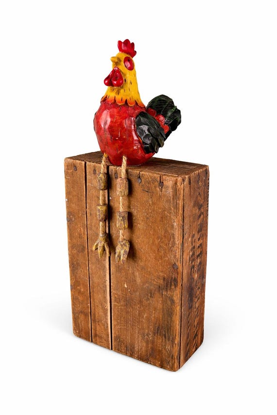 Hand-Carved Wooden Rooster Shelf Sitter: Folk Art Chicken Figurine, Rustic Farmhouse Decor