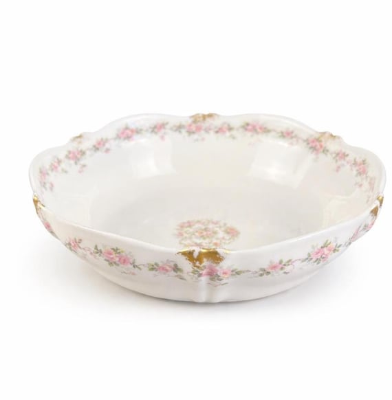 Antique Haviland Limoges Serving Bowl: Pink Roses, Gold Gilt Scalloped Porcelain (8 Inch)