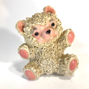 OOAK Vintage Ceramic Spaghetti Teddy Bear Nursery Decor Handmade with Pink accents kitsch grannycore cottagecore pottery child animal