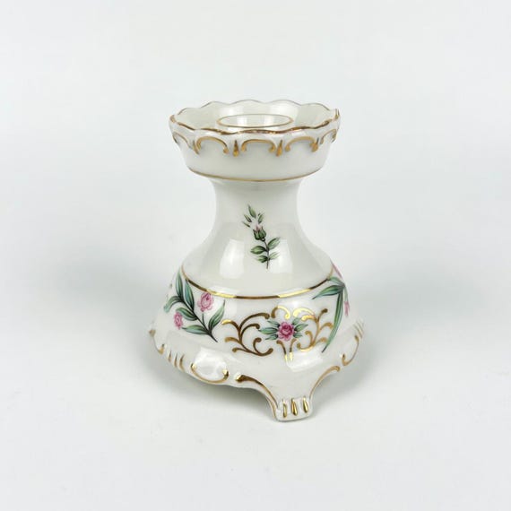 Vintage Hollóháza Porcelain Candlestick: Pink Roses, Gold Gilt, Footed Candle Holder