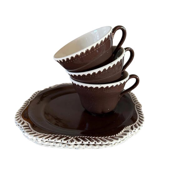 Set of 3 Brown Harker Ware Sur Pate Luncheon Plate Cup Sets - 1950s