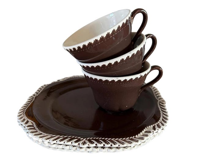 Set of 3 Brown Harker Ware Sur Pate Luncheon Plate Cup Sets - 1950s